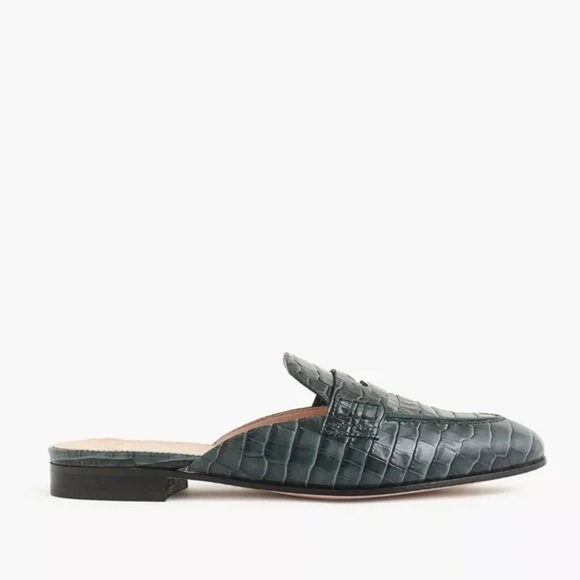 J. Crew Academy Penny Loafer Leather Mules in Croc Embossed Dark Moss Green 8.5 - Picture 1 of 11